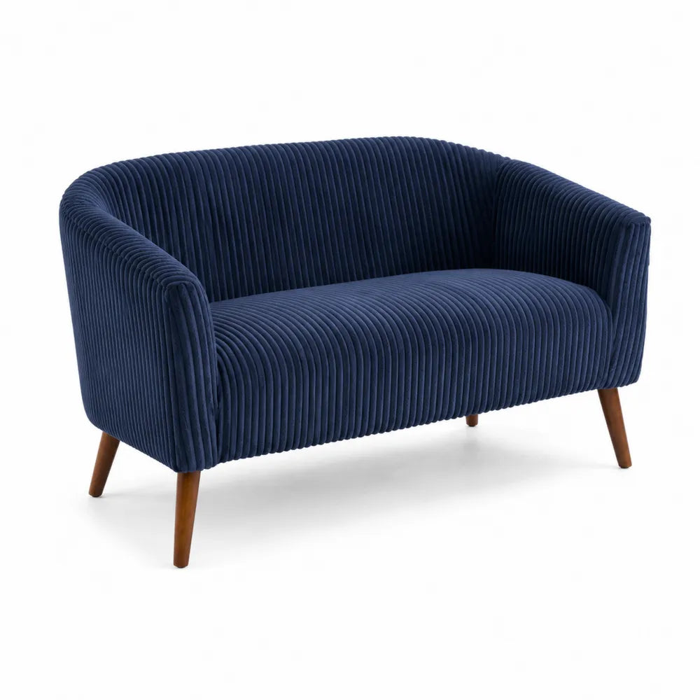 Divano a due posti in velluto a coste blu con gambe in legno