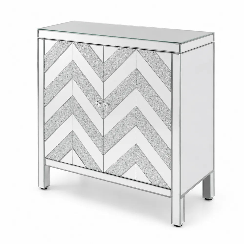 Credenza in Specchio e Vetro Temperato con Dettagli Zigzag Argento 80x30x85