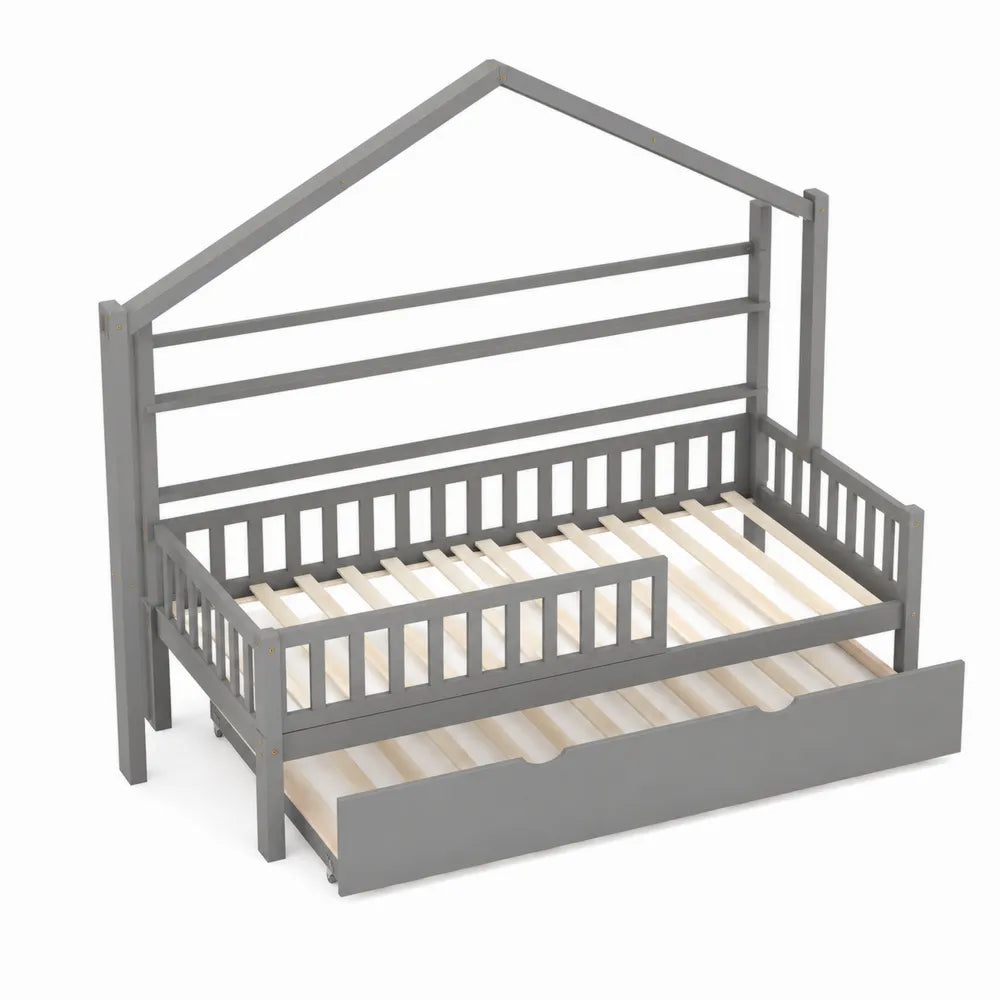 Letto a Casetta per Bambini in Legno di Pino con Cassetto Grigio 200x90