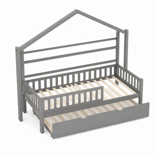 Letto a Casetta per Bambini in Legno di Pino con Cassetto Grigio 200x90