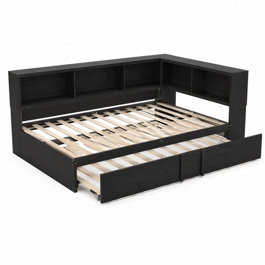 Letto singolo in legno nero con cassetti estraibili e