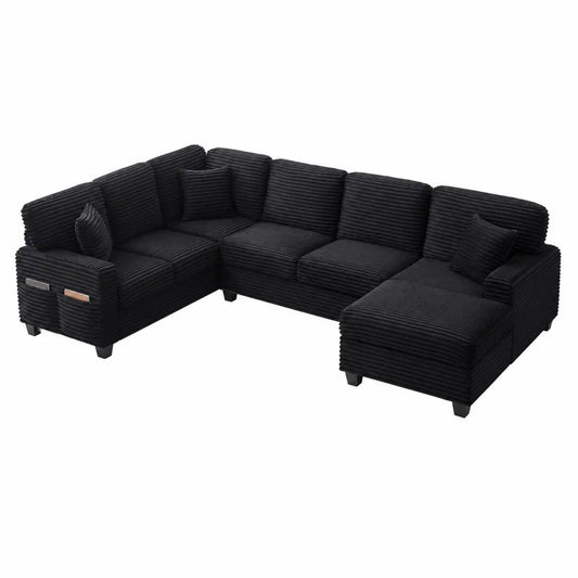 Divano angolare in velluto a coste Nero con cuscini 280x230x90