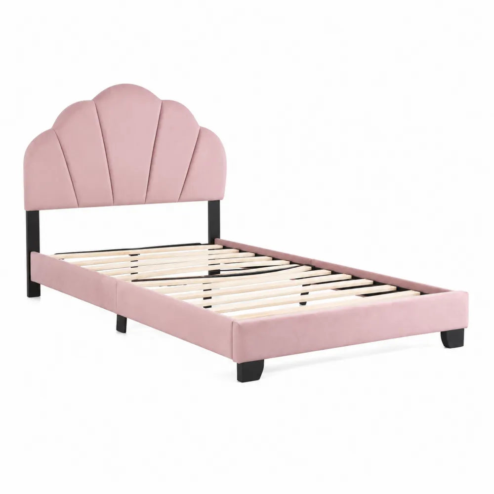 Letto singolo in velluto rosa con testiera e struttura in