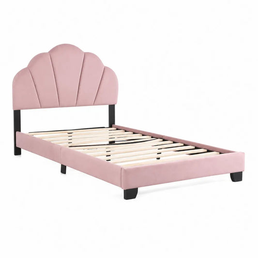 Letto singolo in velluto rosa con testiera e struttura in